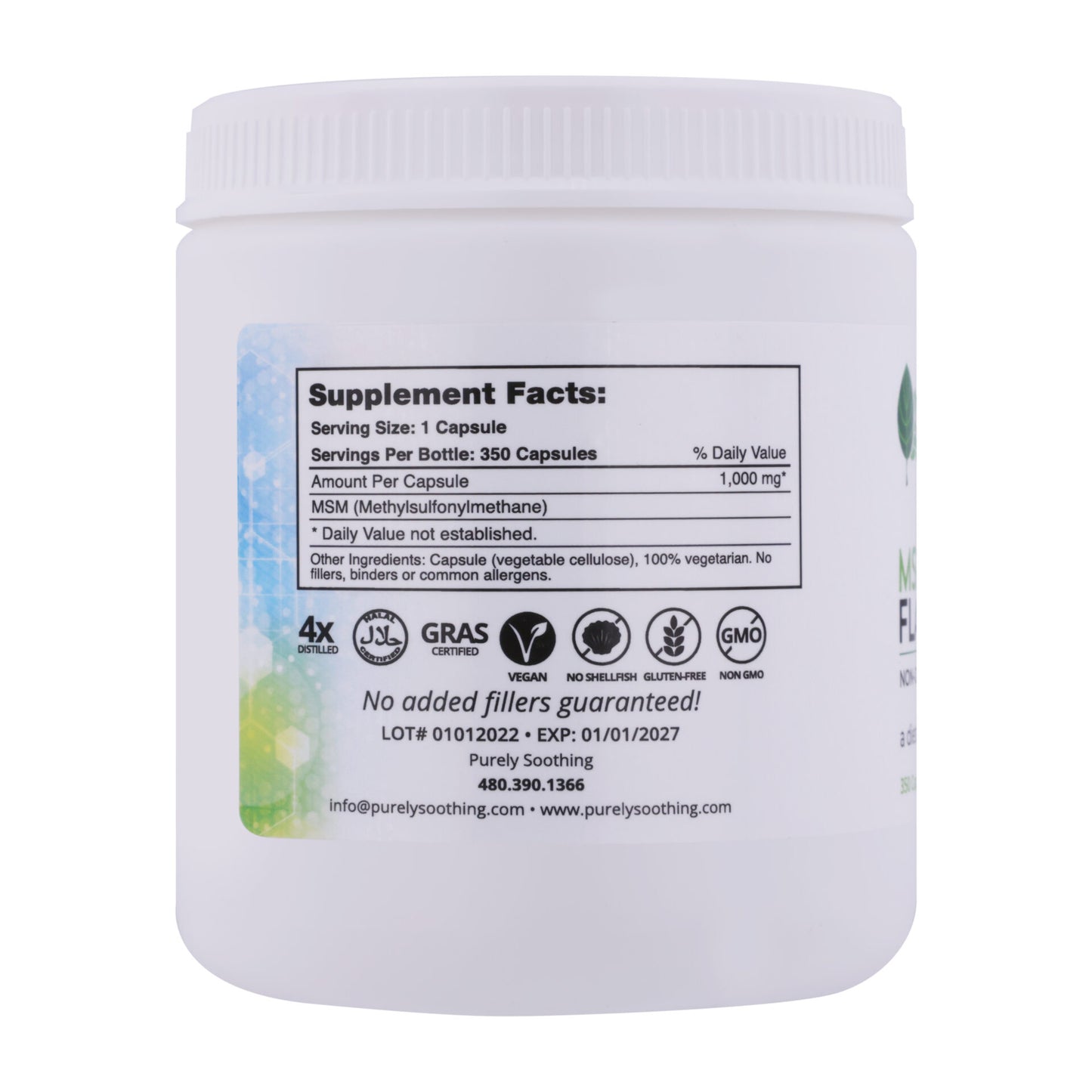 MSM BULK FLAKE CAPSULES 350 each at 1000mg - By using “OptiMSM” as our only MSM, the purity of the product allows us to now manufacture products that are Self-Preserving/Preservative-Free!