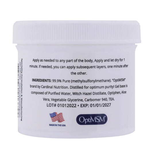 MSM GEL JAR 4 oz - By using “OptiMSM” as our only MSM, the purity of the product allows us to now manufacture products that are Self-Preserving/Preservative-Free!